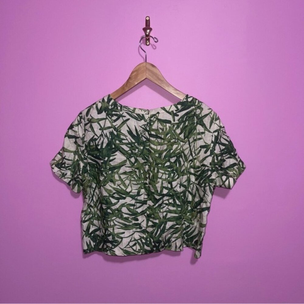 Massimo Dutti Top Women's Size 10 US Tan Linen Tropical Print Short Sleeve Crop - Picture 7 of 13